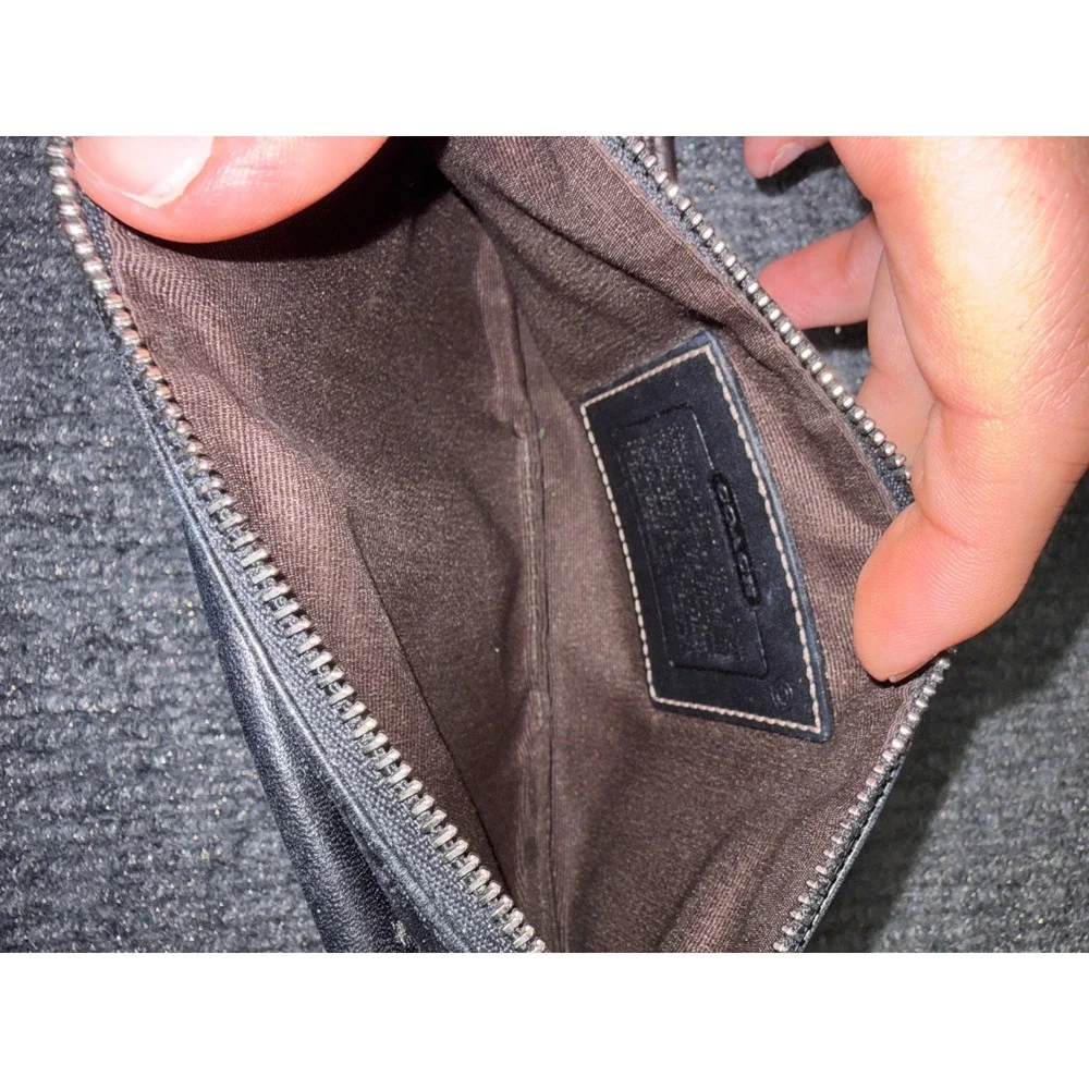 COACH Black Leather Buckle Front Wristlet Wallet with Brown Trim Silver Hardware